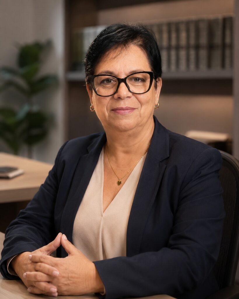 Advogada especialista em direito previdenciário sorrindo em um escritório organizado
